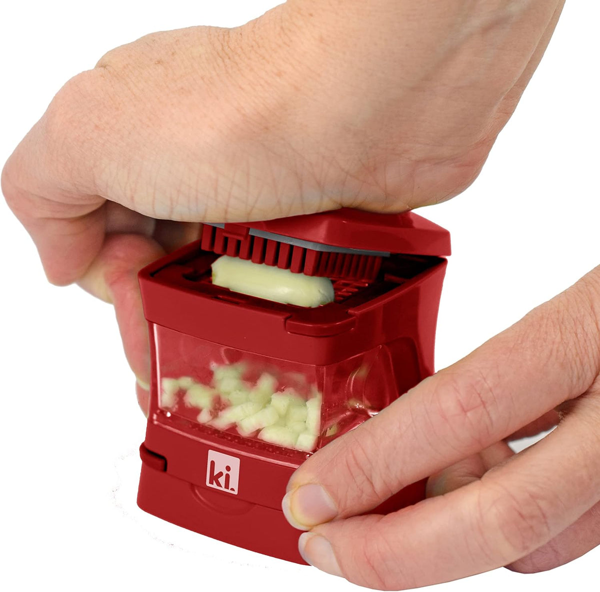 Garlic-A-Peel Garlic Press, Crusher, Cutter, Mincer, and Storage Container - Includes Silicone Garlic Peeler - Easy to Clean - Stainless Steel Blades – (Red), standard - Culinary Roots