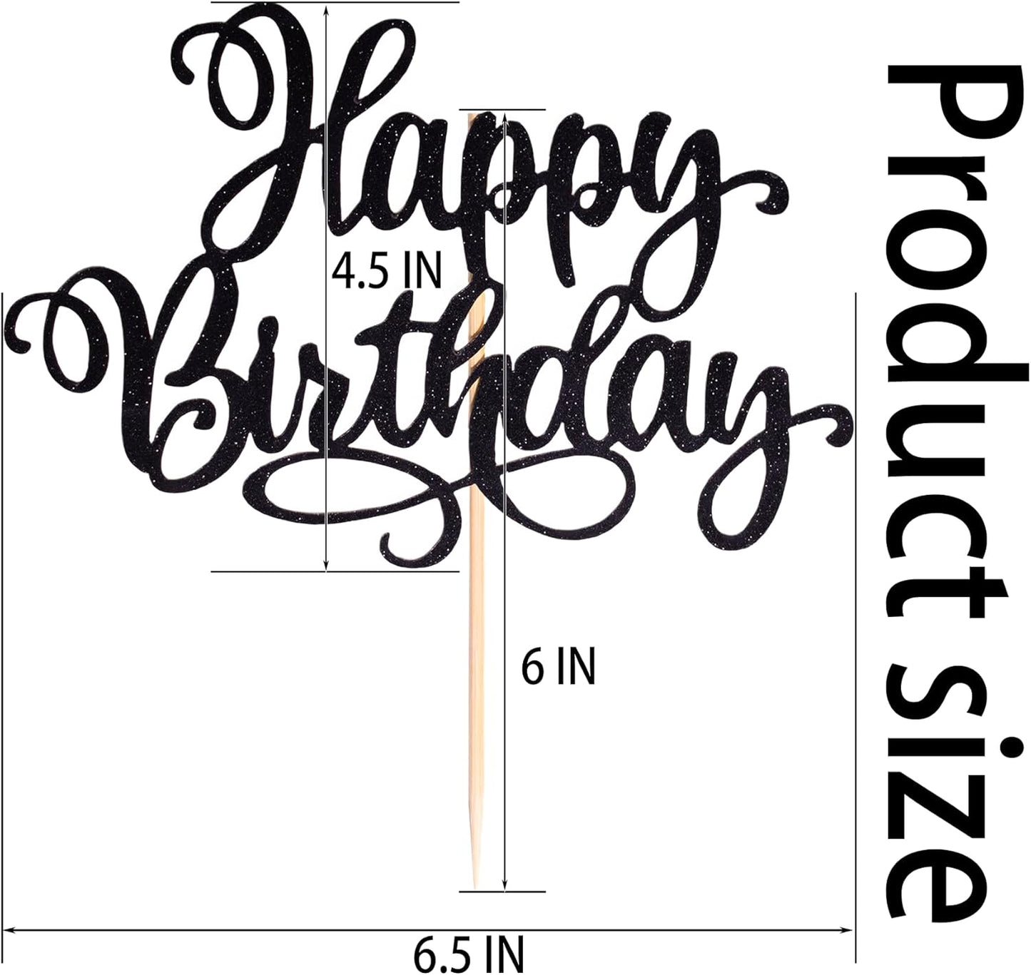 Happy Birthday Cake Toppers 9 Inch Glitter Happy Birthday Cake Pick for Birthday Anniversary Theme Party Cake Decorations Supplies - Black