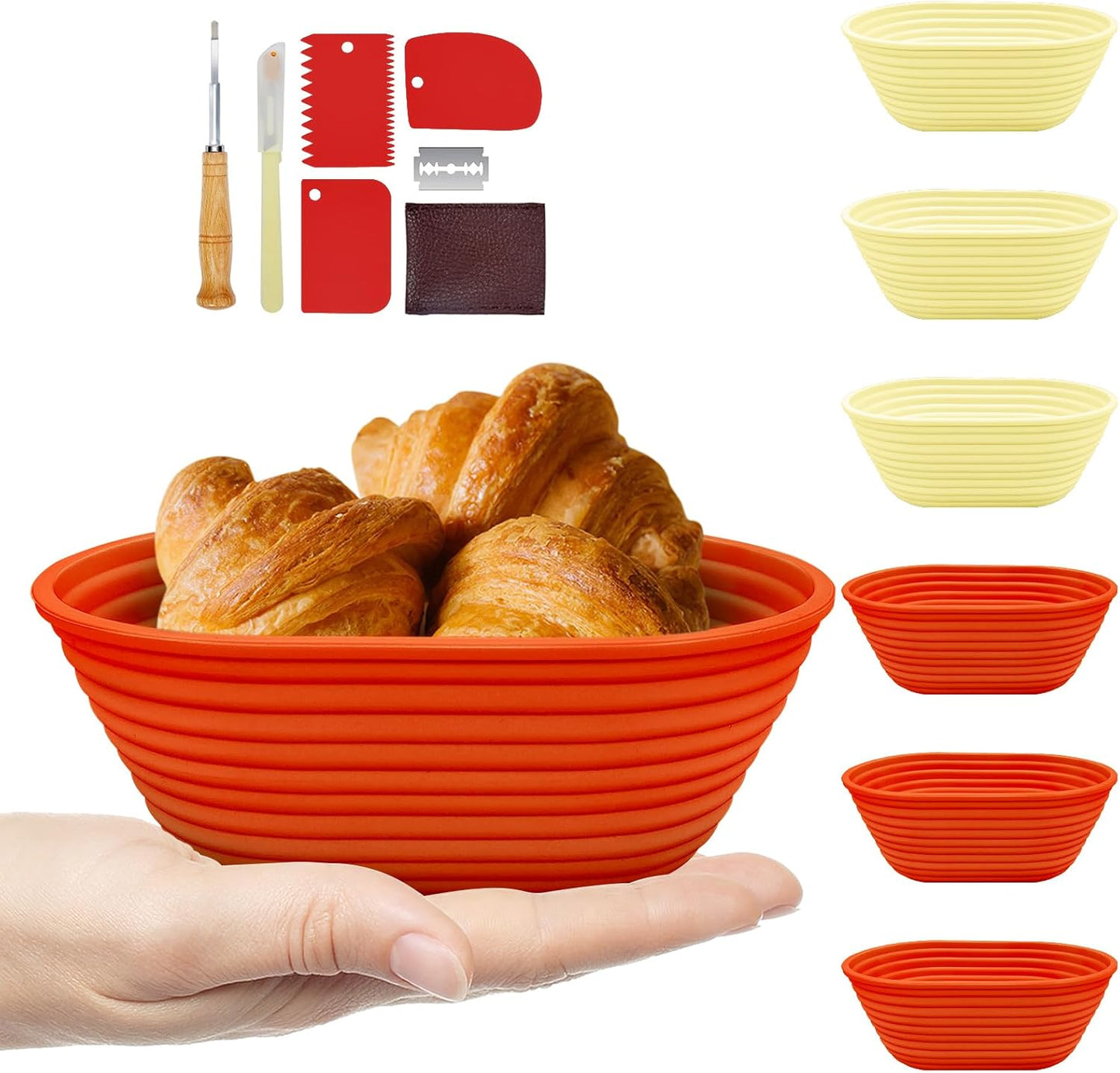 Silicone Banneton, Sourdough Bread Baskets (Set of 6, 6.5 Inch), Oval Proofing Bread Bowls with Starter Kit, Bread Making Baking Supplies - Culinary Roots