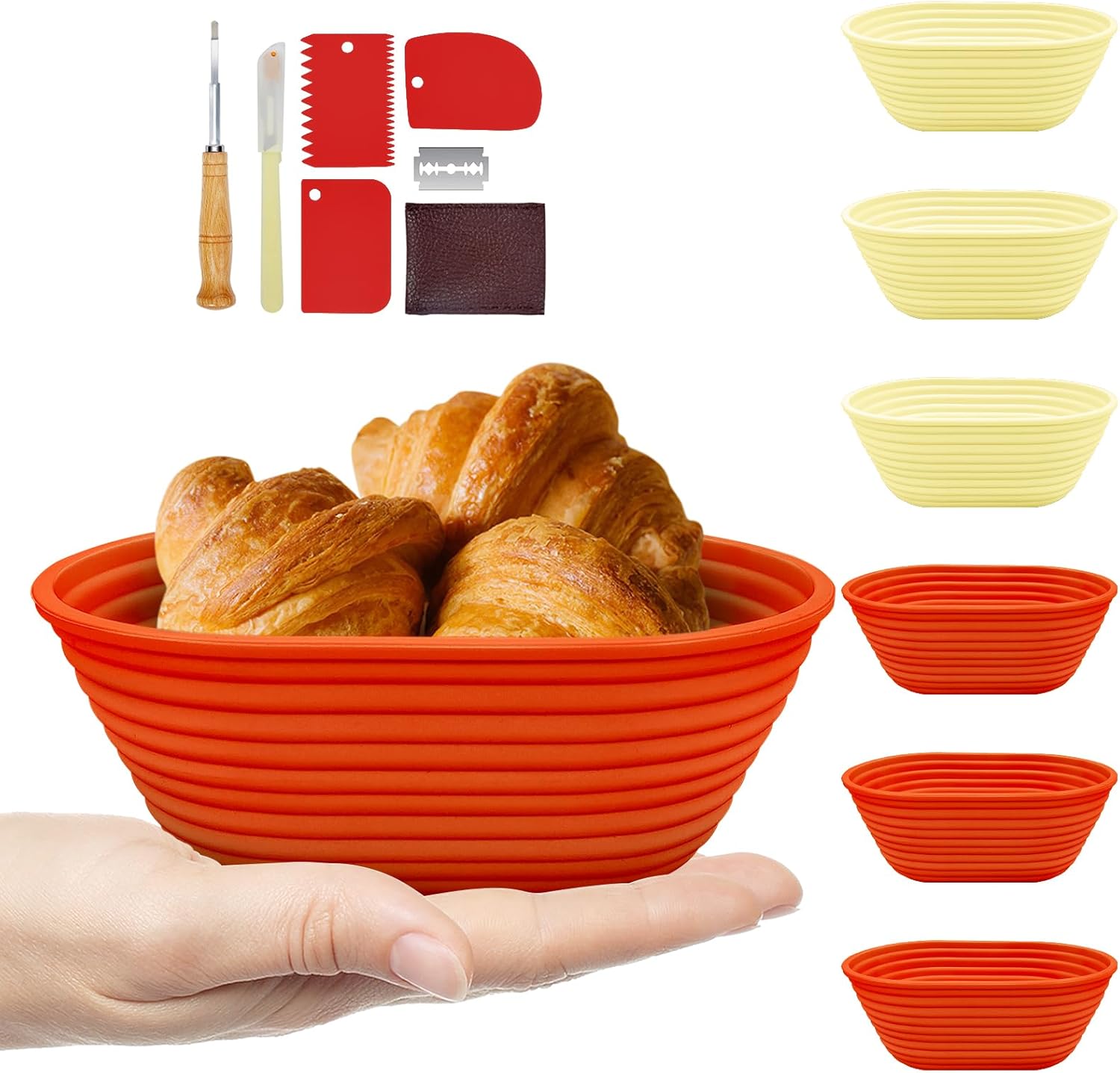 Silicone Banneton, Sourdough Bread Baskets (Set of 6, 6.5 Inch), Oval Proofing Bread Bowls with Starter Kit, Bread Making Baking Supplies - Culinary Roots