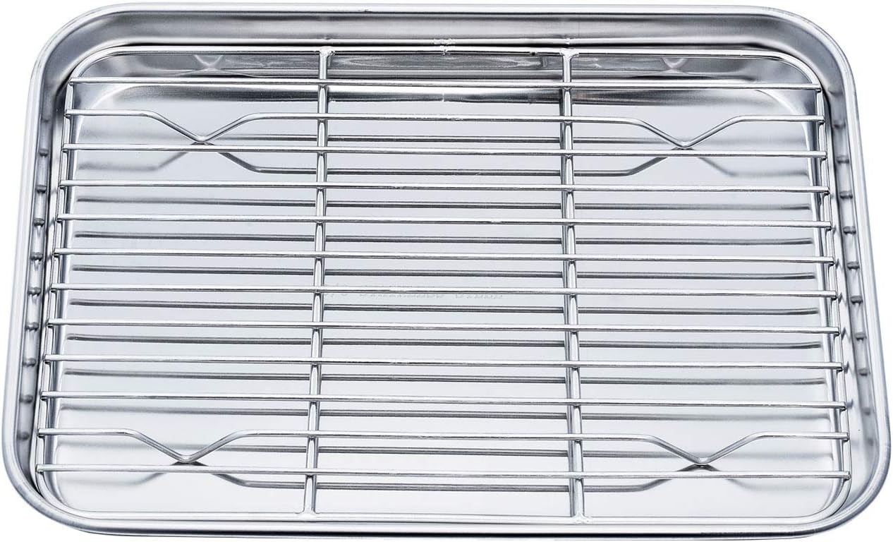 TeamFar Toaster Oven Pan Tray with Cooling Rack, Stainless Steel Toaster Ovenware Pan, Compact 8''x10''x1'', Healthy & Non Toxic, Rust Free & Easy Clean - Dishwasher Safe - Culinary Roots