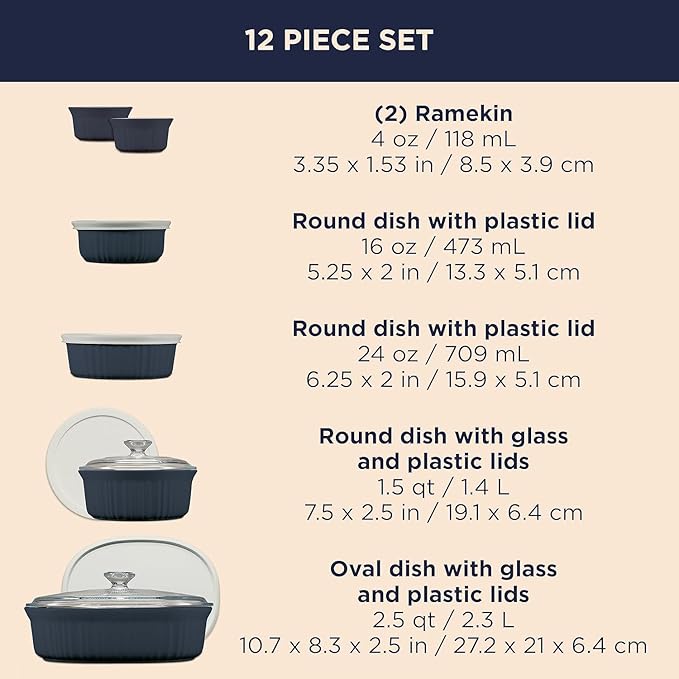 CorningWare Ceramic Bakeware Set with Lids Chip and Crack Resistant Stoneware Baking Dish, Microwave, Dishwasher, Oven, Freezer and Fridge Safe, 12-Piece French Navy