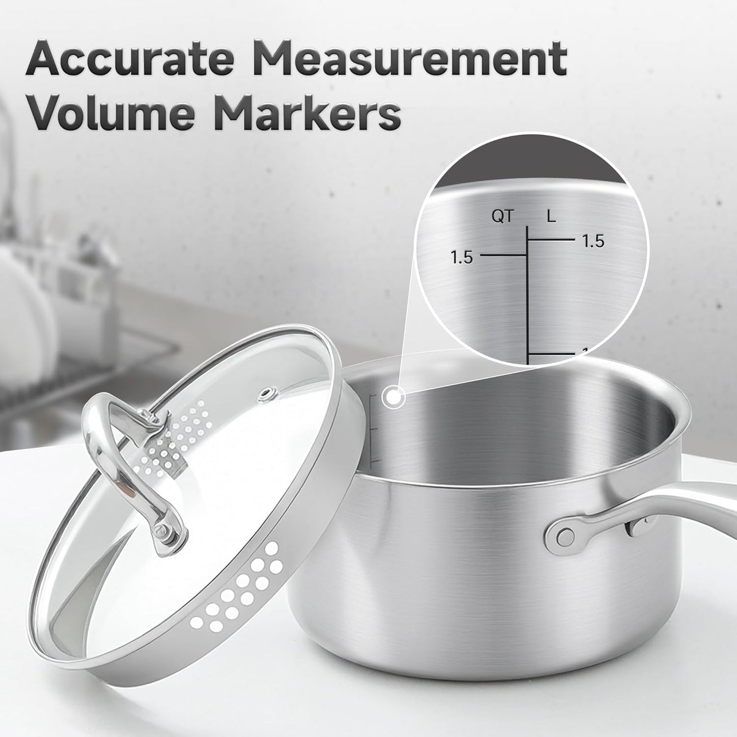 1.5 Quart Stainless Steel Saucepan with Glass Strainer Lid, Thicken Tri-ply Full Body, Multipurpose Sauce Pot with Two-Size Drainage Holes Lid, Perfect For Boiling Gravies, Pasta, Noodles - Culinary Roots
