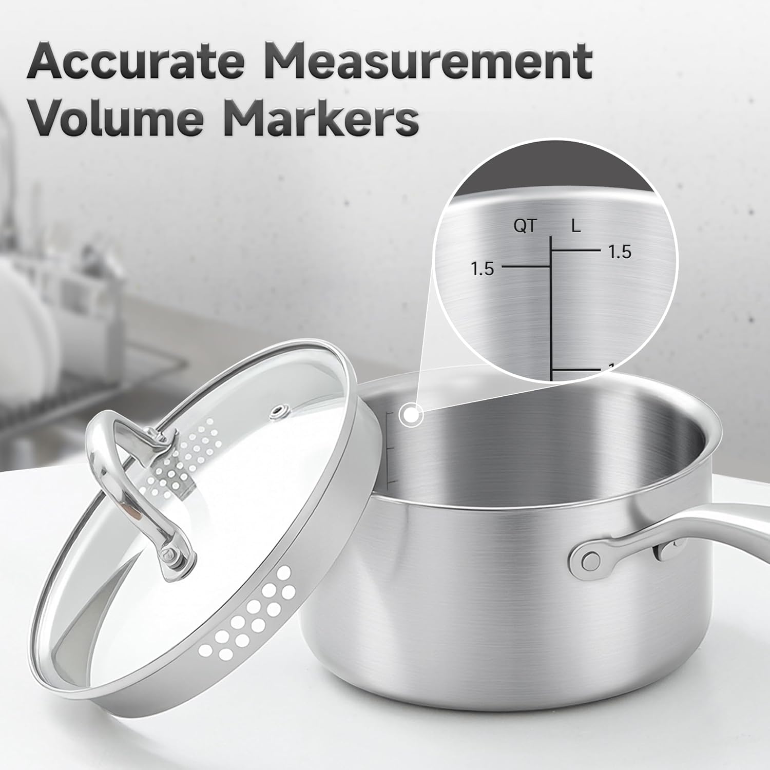 1.5 Quart Stainless Steel Saucepan with Glass Strainer Lid, Thicken Tri-ply Full Body, Multipurpose Sauce Pot with Two-Size Drainage Holes Lid, Perfect For Boiling Gravies, Pasta, Noodles - Culinary Roots