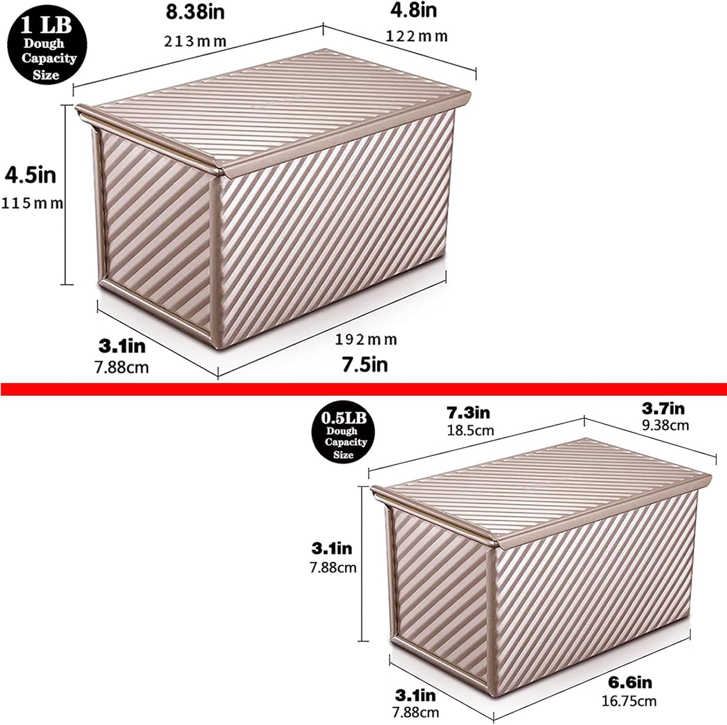 2 Pack Pullman Loaf Pan with Lid, 1 lb/0.5 lb Dough Capacity, Carbon Steel Corrugated, Non-Stick Sandwich Bread Loaf Pan with Lid - Culinary Roots