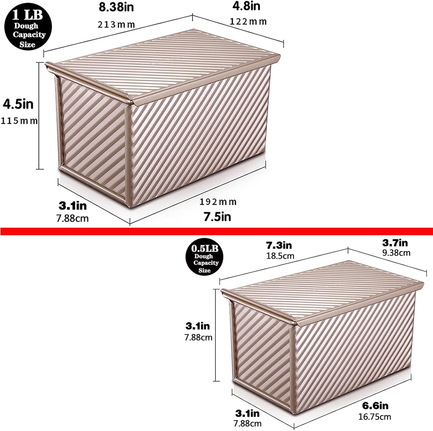 2 Pack Pullman Loaf Pan with Lid, 1 lb/0.5 lb Dough Capacity, Carbon Steel Corrugated, Non-Stick Sandwich Bread Loaf Pan with Lid - Culinary Roots