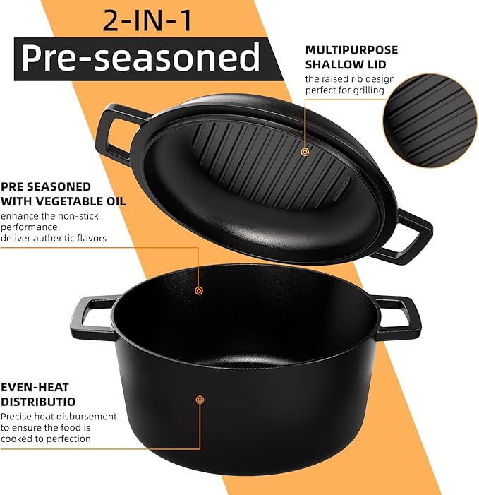 2-in-1 Pre-Seasoned Cast Iron Double Dutch Oven Pot with Skillet Lid - Thumbnail 5