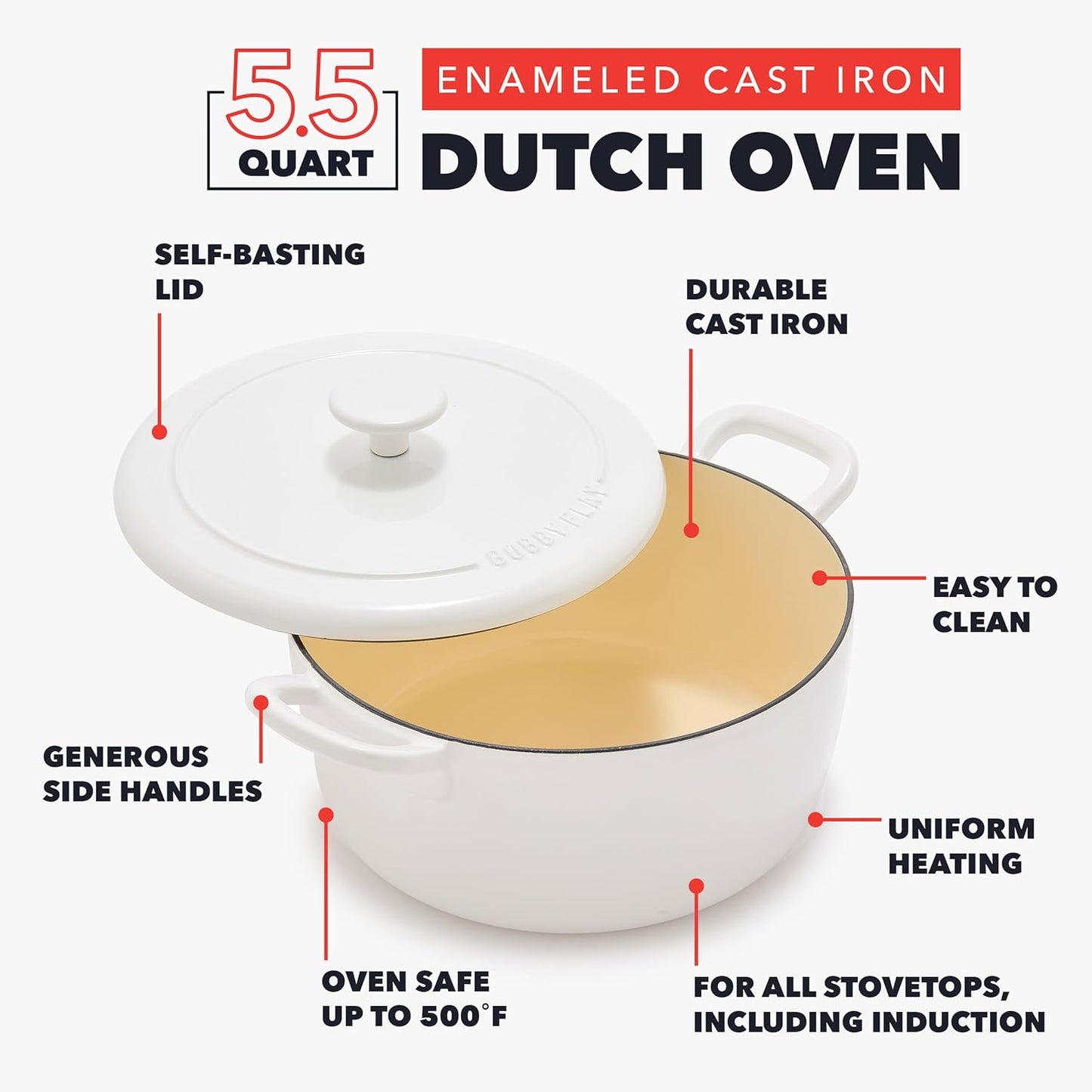 GreenPan x Bobby Flay 5.5QT Enameled Cast Iron Round Dutch Oven with Lid, Dual Handles, Oven Safe to 500F & Induction Suitable, Self Basting Lid, Ultra-Durable, Sear, Braising, Bread, Stews, Ivory - Culinary Roots
