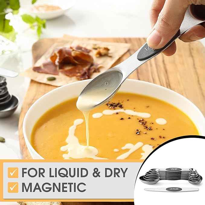 Spring Chef Stainless Steel Magnetic Measuring Spoons Set of 8 with Leveler, Dual Sided Metal Teaspoon & Tablespoon Measuring Spoons - Kitchen Gadgets For Baking and Cooking, Gray