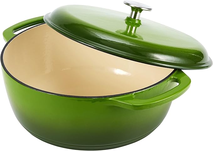 Amazon Basics Enameled Cast Iron Dutch Oven Pot with Lid, Round, Dual Handles, Heavy-Duty, Oven Safe for Stews, Roasting, Baking, 4.3-Quart, Small, Green