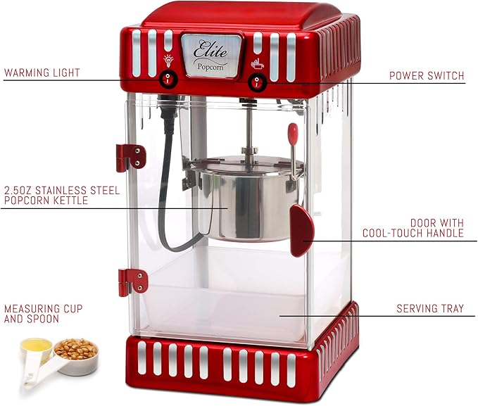 Elite Gourmet EPM-250 Maxi-Matic 2.5 Ounce Classic Carnival, Tabletop Kettle Popcorn Popper Machine, Retro-Style, Movie Hot Buttered Popcorn, Red