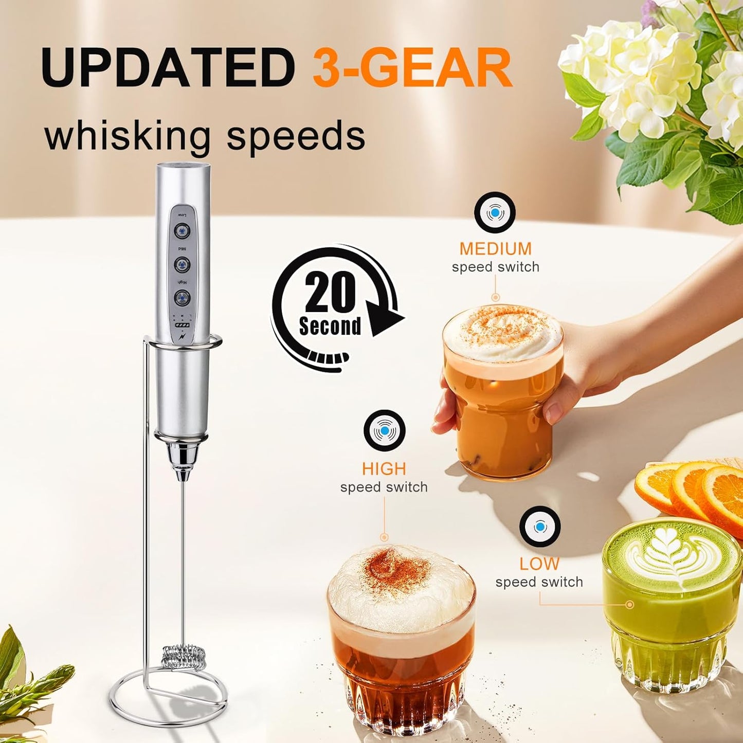 YUSWKO Silver Rechargeable Milk Frother for Coffee with Stand, Handheld Drink Mixer with 3 Heads 3 Speeds Electric Stirrers for Latte, Cappuccino, Hot Chocolate, Egg - Culinary Roots
