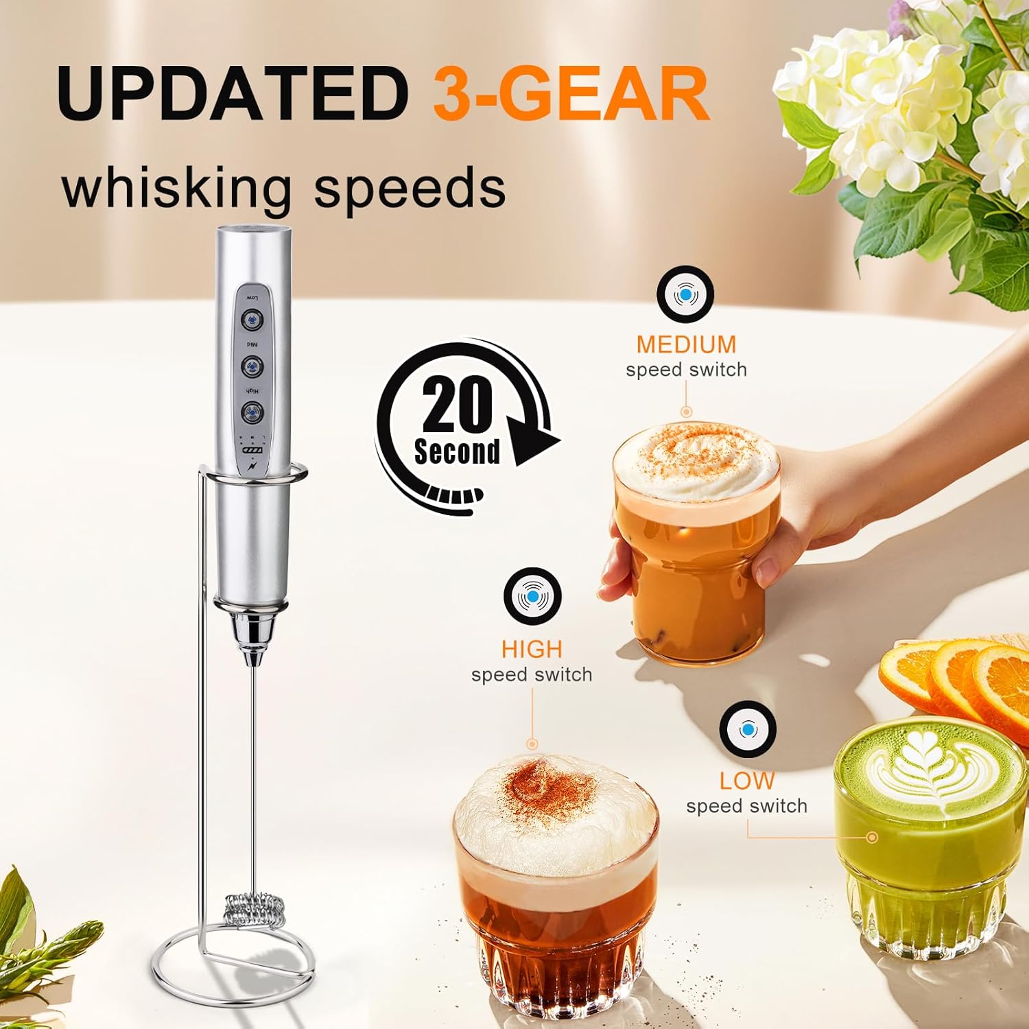 YUSWKO Silver Rechargeable Milk Frother for Coffee with Stand, Handheld Drink Mixer with 3 Heads 3 Speeds Electric Stirrers for Latte, Cappuccino, Hot Chocolate, Egg - Culinary Roots
