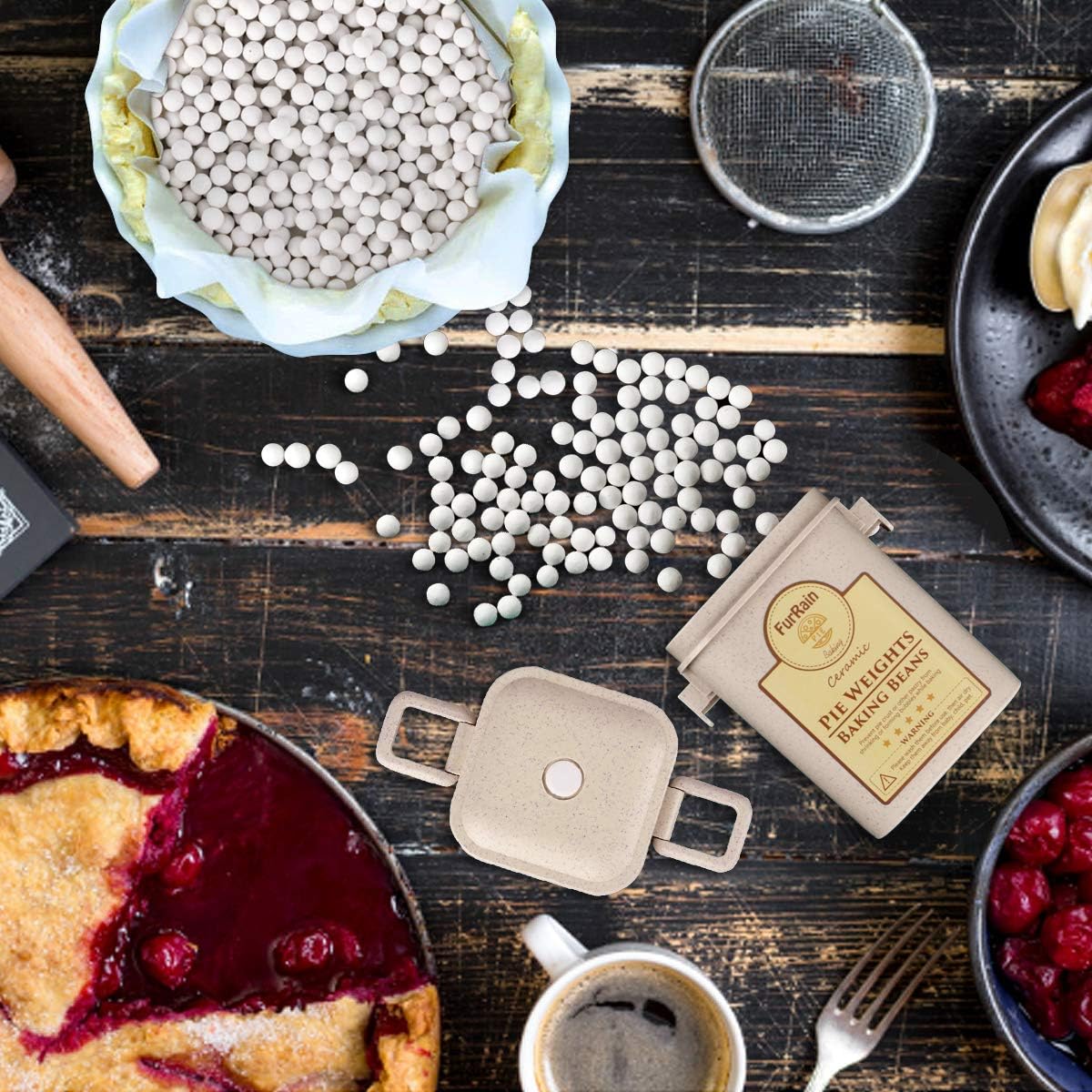 Ceramic Pie Weights Reusable 10mm Baking Beans Pie Crust Weights Natural Ceramic Stoneware with Wheat Straw Container - Culinary Roots