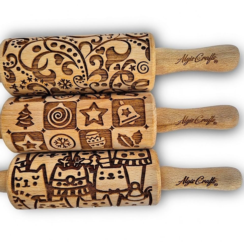 CHRISTMAS FEST 3 Mini Embossed Rolling Pin Set. Wooden Laser Engraved Textured rolling pins for Cookies