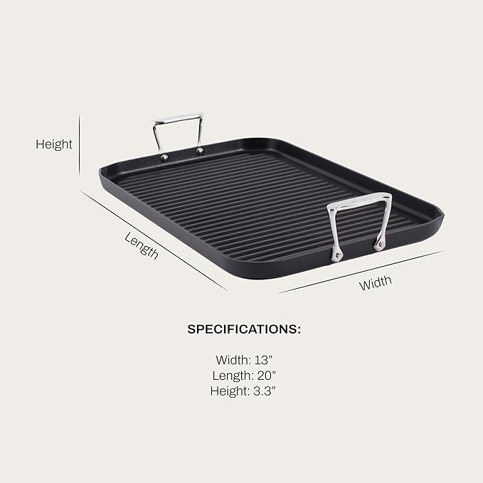All-Clad HA1 Expert Hard Anodized Nonstick Double Burner Grill Pan For Stovetop 13 x 20 Inch, Grilling, Professional Cookware, Dishwasher-Friendly, Oven-Safe Up to 500°F, Black