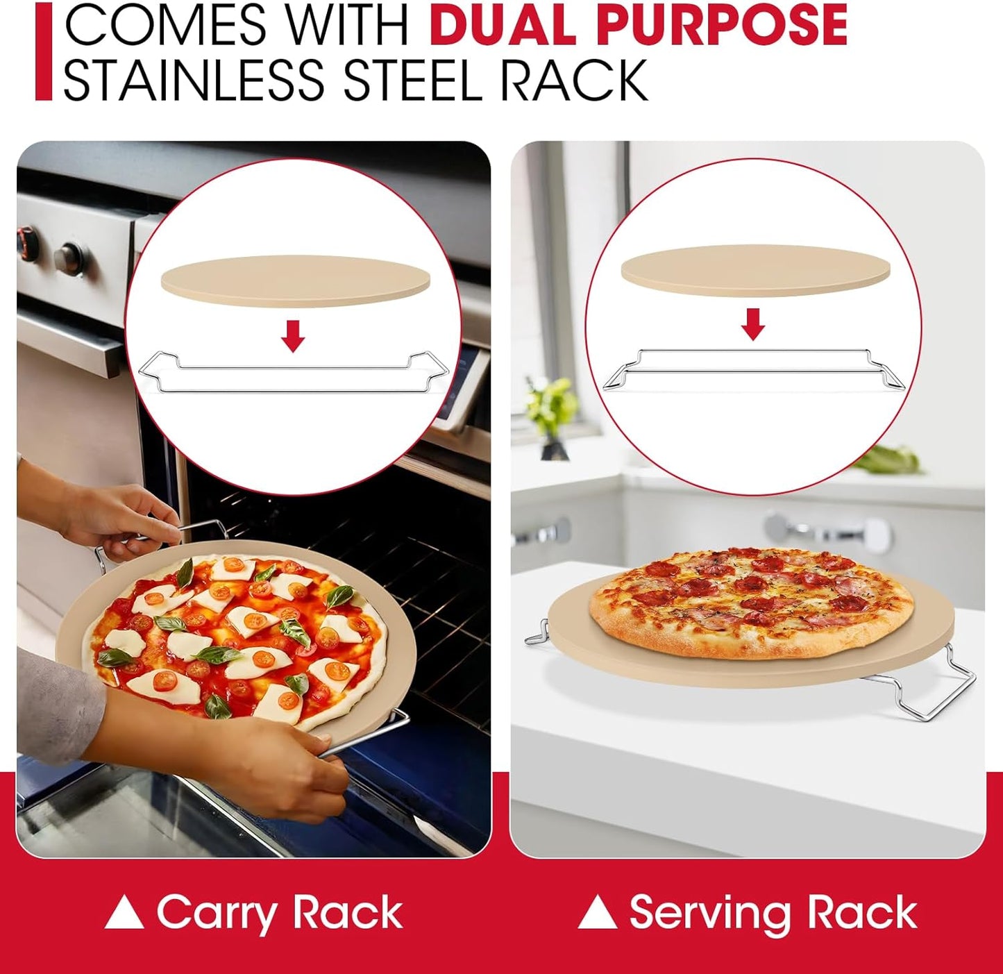 Unicook 12 Inch Round Pizza Stone for Oven and Grill, Cordierite Bread Baking Stone, Baking Crispy Pizzas, Bread and Cookies, Includes Carry Rack and Dough Scraper - Culinary Roots