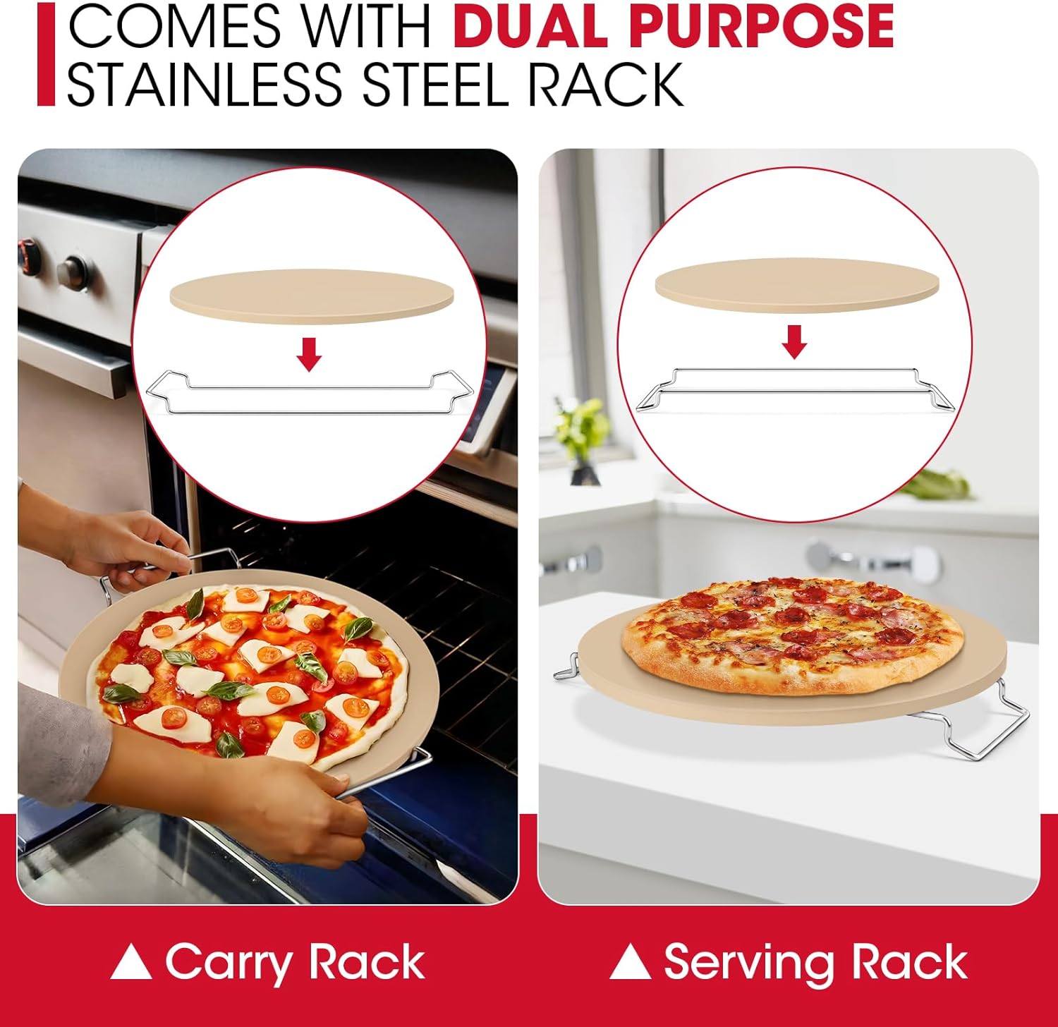 Unicook 12 Inch Round Pizza Stone for Oven and Grill, Cordierite Bread Baking Stone, Baking Crispy Pizzas, Bread and Cookies, Includes Carry Rack and Dough Scraper - Culinary Roots