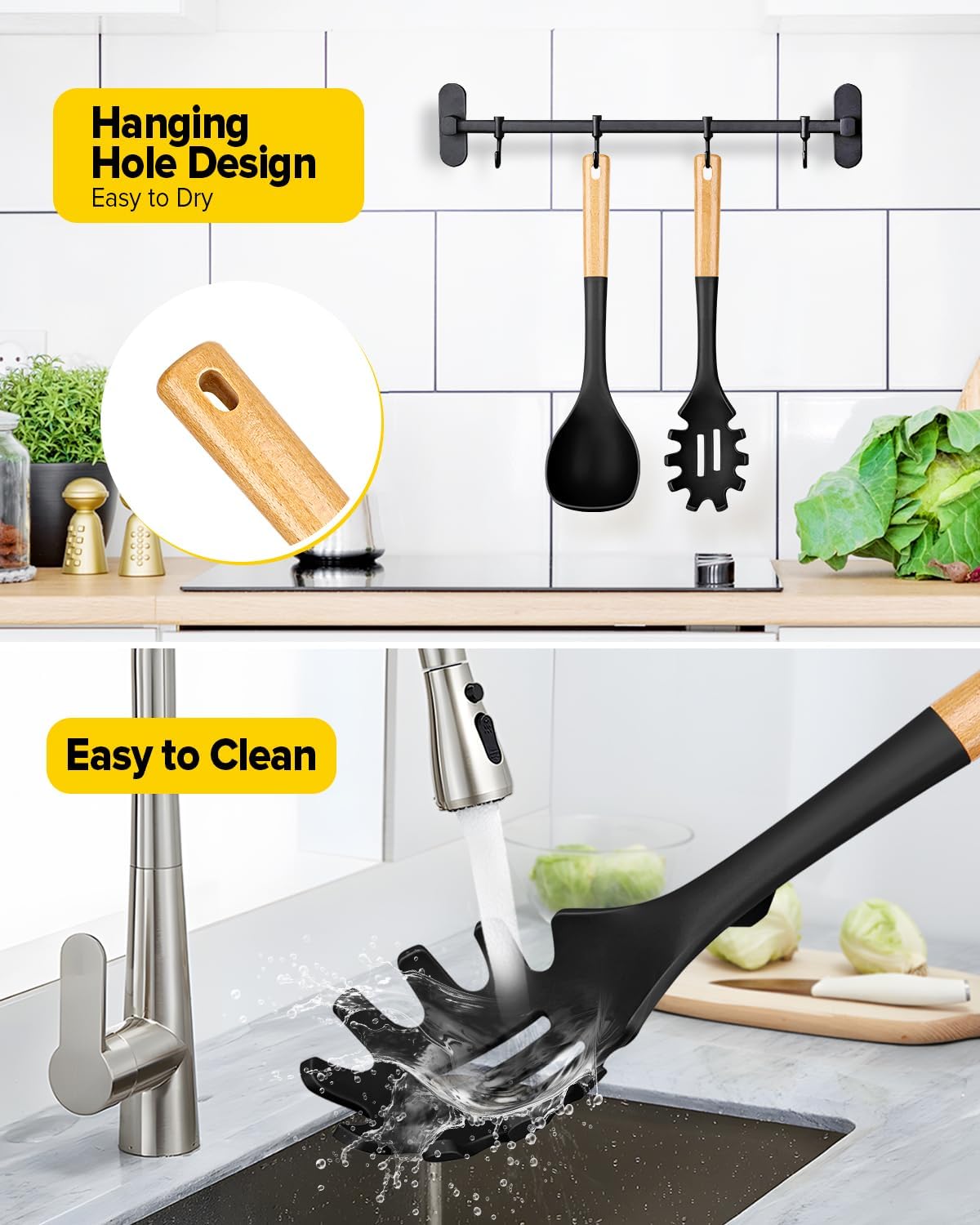 Silicone Soup Ladle and Spaghetti Spoon Set with Wooden Handle, Non Stick Heat Resistant Kitchen Utensils for Cooking, Stirring, Serving Pasta, Soup & Sauce(BLACK) - Culinary Roots