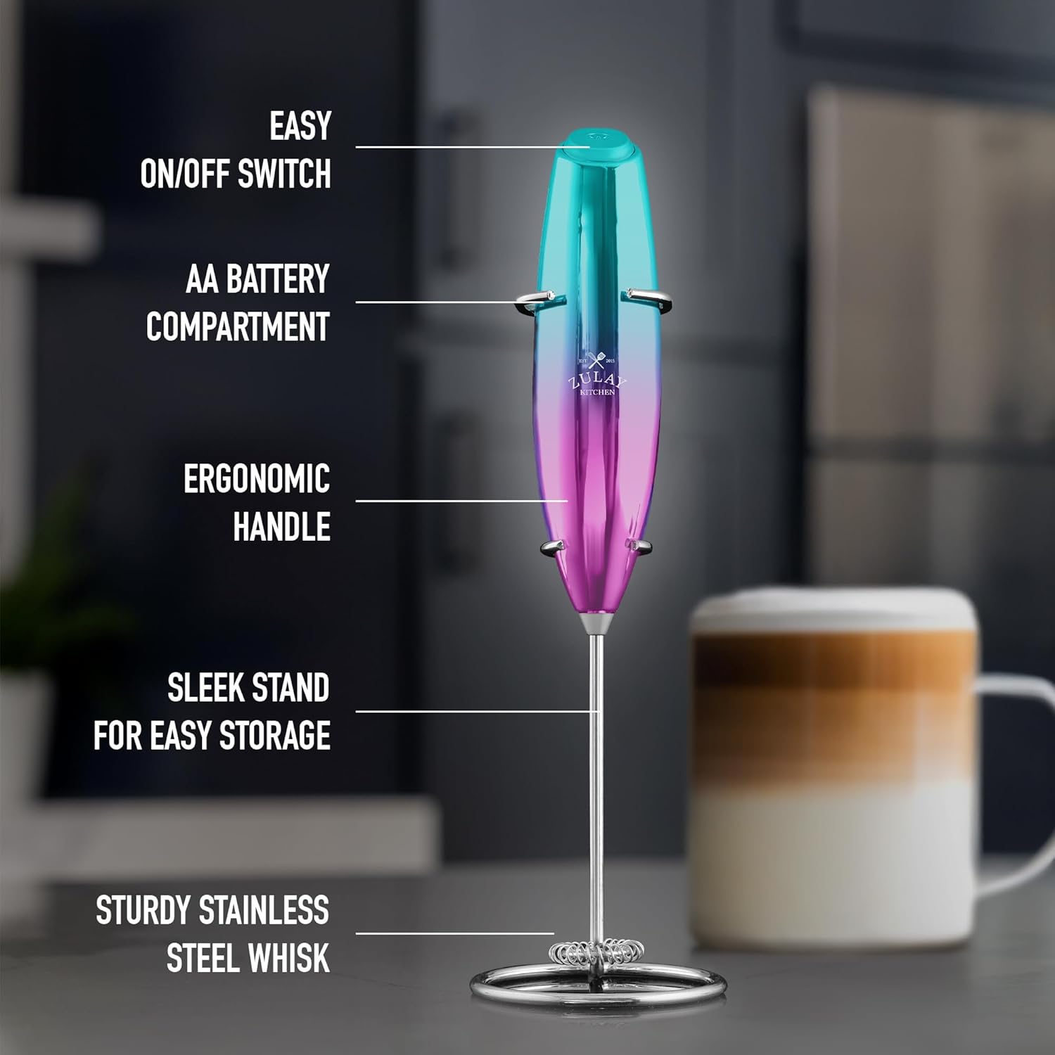 Zulay Kitchen Executive Series Milk Frother Wand - Upgraded & Improved Stand - Ideal Coffee Gift - Coffee Frother Handheld Foam Maker For Lattes - Electric Milk Frother Handheld For Cappuccino - Culinary Roots