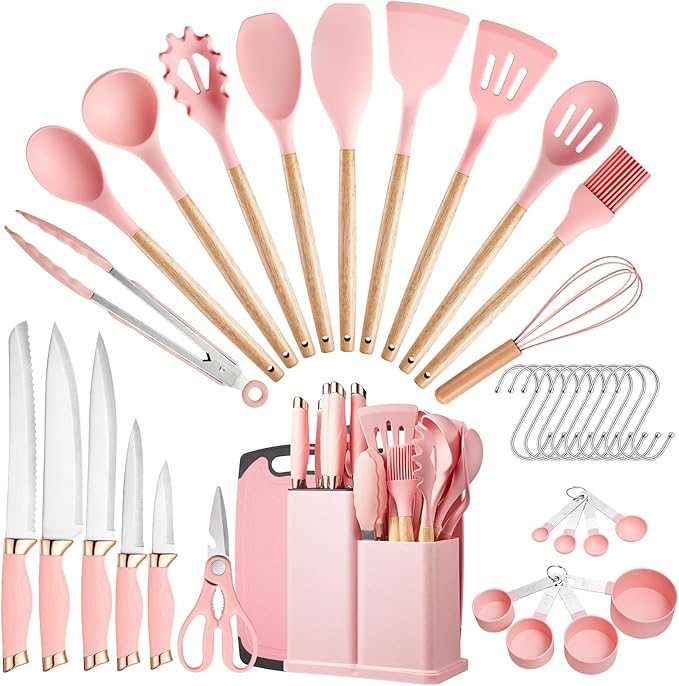 37 PCS Kitchen Utensils Set, Silicone Cooking Utensils Set with Knife Set and Holder, Wooden Handle Kitchen Tool Set (Pink)