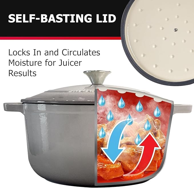 MUELLER HOME 4.5 QT Enameled Cast Iron Dutch Oven, Heavy-Duty Casserole Dish and Braiser Pan with Lid and Stainless Knob, Oven-Safe up to 500° F & Across All Cooktops, Grey