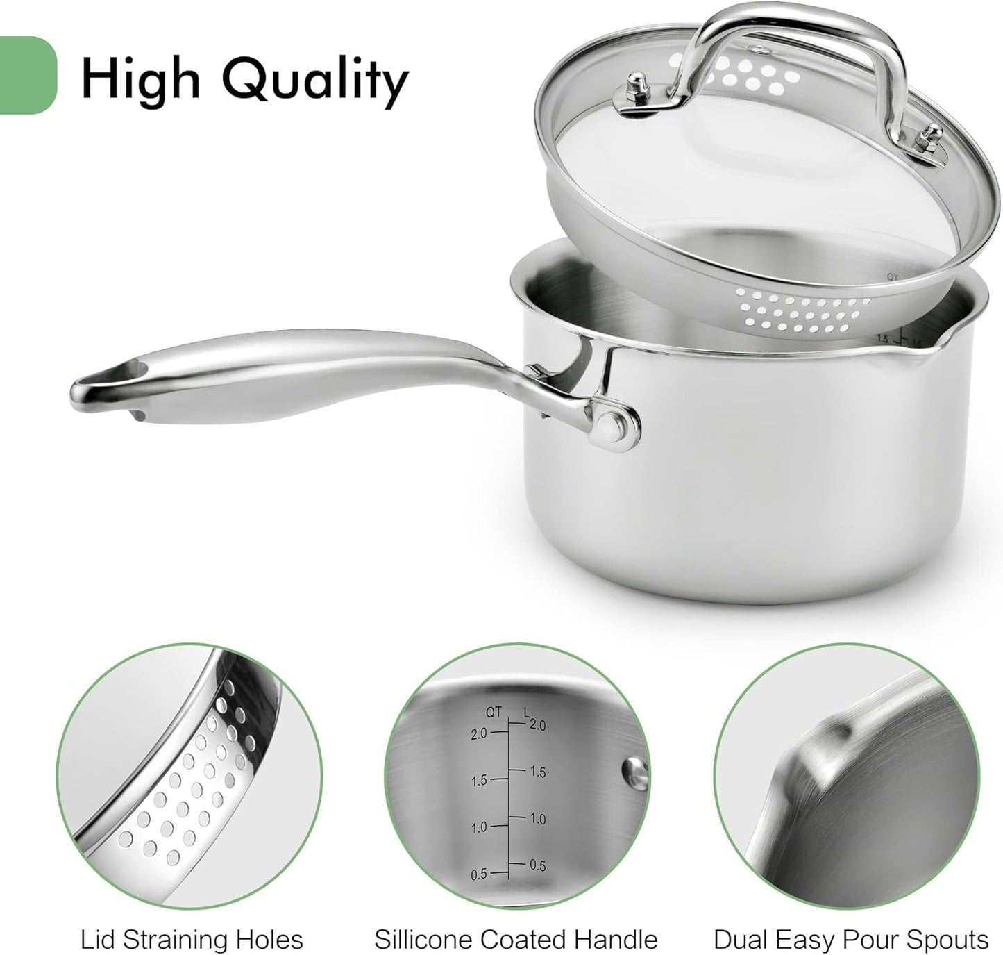 2.5 Quart Stainless Steel Pot Saucepan with Glass Strainer Lid, Sauce Pot with Two Side Spouts, Induction Cooking Pot, Multipurpose Sauce Pan with Lid for Cooking(Tri-Ply Full Body) - Culinary Roots