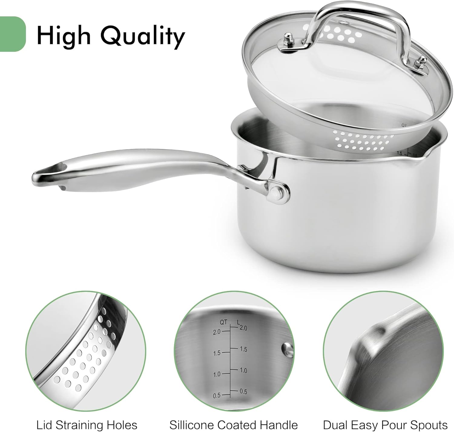 2.0 Quart Stainless Steel Pot Saucepan with Glass Strainer Lid, Sauce Pot with Two Side Spouts, Induction Cooking Pot, Multipurpose Sauce Pan with Lid for Cooking - Culinary Roots