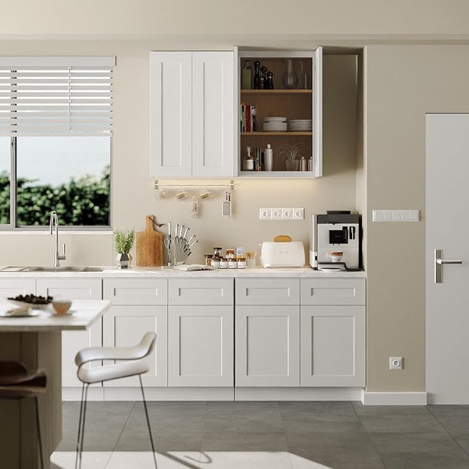 Solid Wood Laundry Room Wall Cabinets, 24 Inch Wide 12" Deep Large Hanging Storage Cabinets, RTA Medicine Organizer with 2 Shaker Doors, Easy Assembly for Kitchen, Bathroom - White
