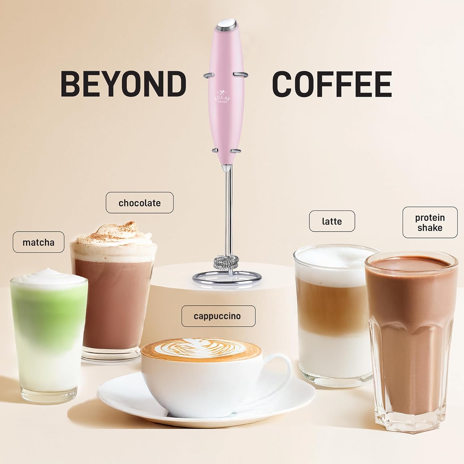 Zulay Kitchen Powerful Double Whisk Milk Frother Handheld - Foam Maker With Stand - Whisk Drink Mixer for Coffee, Mini Foamer for Latte, Matcha, Frappe, Hot Chocolate & Cappuccino - Pink - Culinary Roots