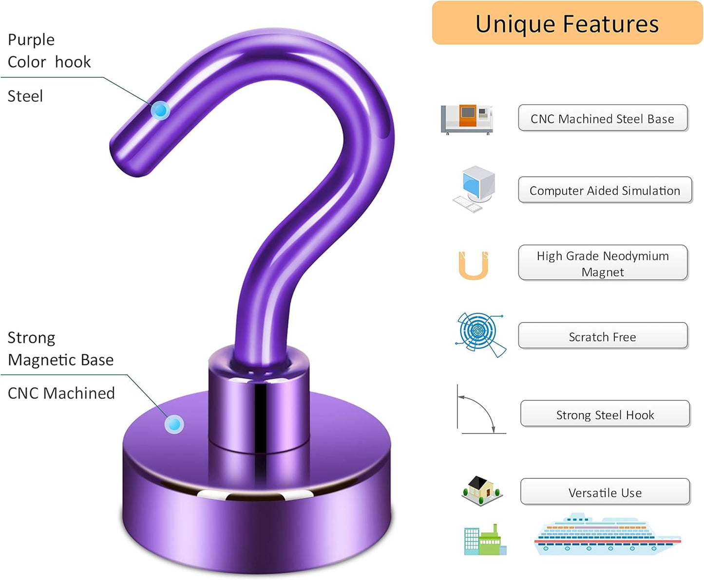Neosmuk Magnetic Hooks, Cruise Ship Essentials, 30lb+ Heavy Duty Magnetic Hooks for Cruise Cabins, Refrigerator, Grill, Hanging, and Travel | Extra Strong Must-Haves Magnet Hook(Purple,Pack of 12)