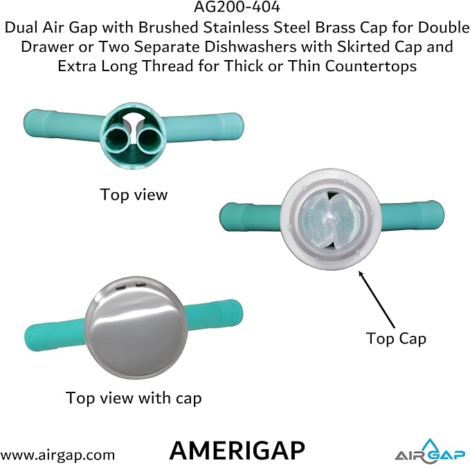 Dual Air Gap with Brushed Stainless Steel Brass Cap for Double Drawer or Two Separate Dishwashers with Skirted Cap and Extra Long Thread for Thick or Thin Countertops (AG200-404, AG200-X04, AMERIGAP)