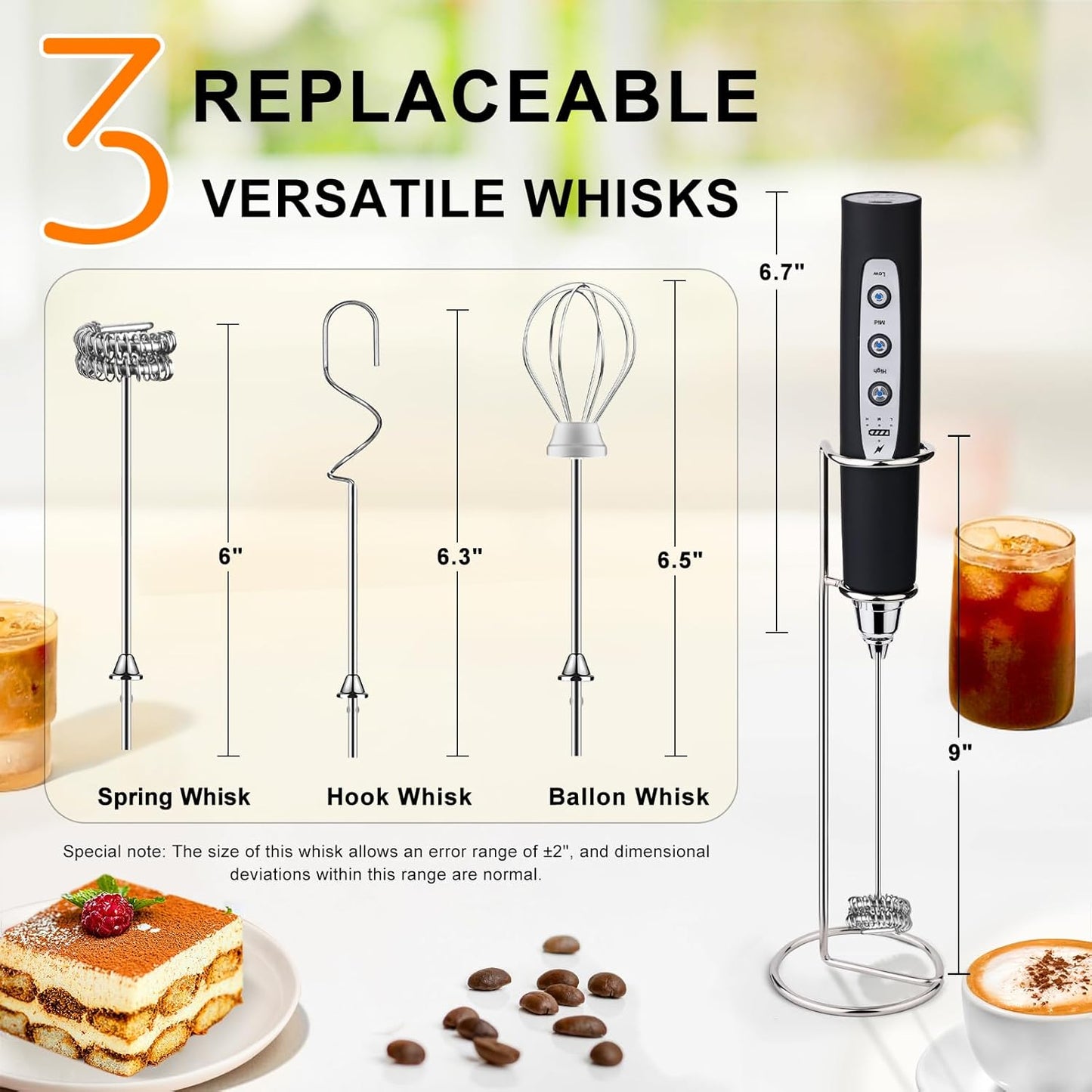 YUSWKO Black Handheld Milk Frother Wand with Stand for Coffee, Rechargeable Electric Whisk with 3 Heads 3 Speeds Drink Mixer Coffee Frother For Latte, Cappuccino, Hot Chocolate, Egg - Culinary Roots