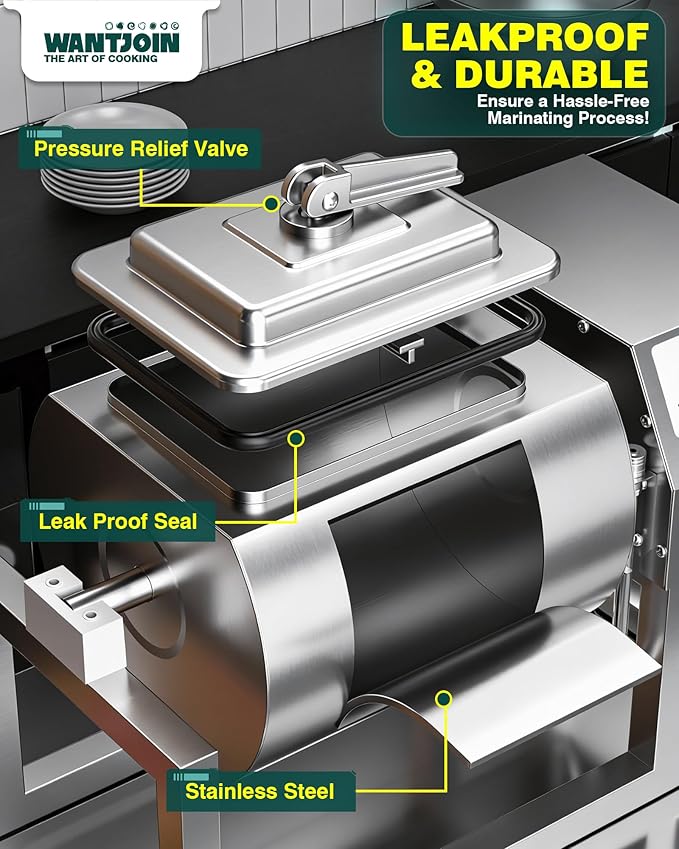 WantJoin Commercial Vacuum Tumbler Marinator, 20L Capacity, 30Min Fast Marinating, 80W Copper Motor, 3-Speed Bidirectional Rotation, Stainless Steel Meat Tumbler for Catering & Kitchen