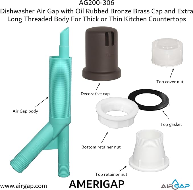 Dishwasher Air Gap with Skirted Oil Rubbed Bronze Brass Cap and Extra Long Threaded Body for Thick or Thin Kitchen Countertops (AG200-306, AG200-X06, AMERIGAP)