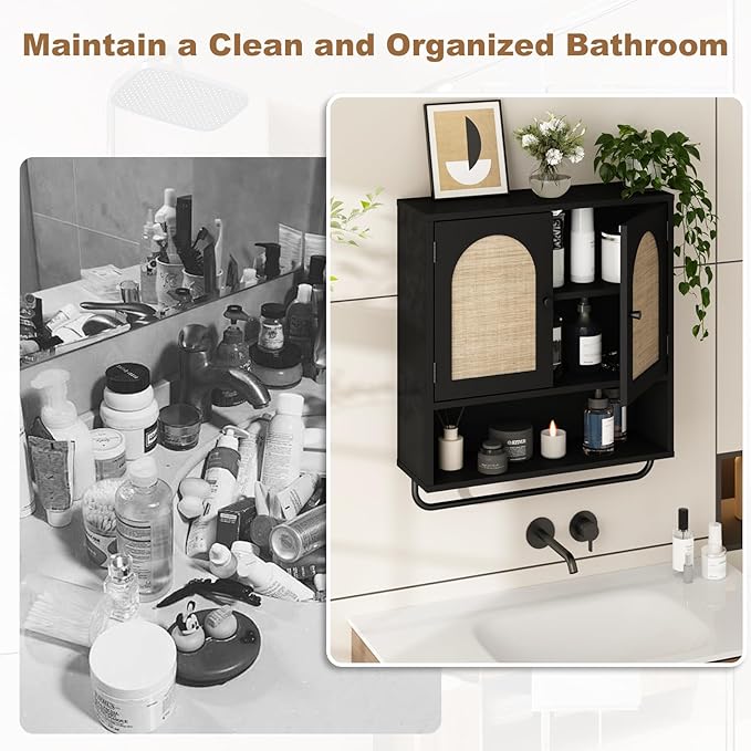 RUSTOWN Rattan Bathroom Wall Cabinet, Boho Medicine Cabinet with 2 Arched Doors, Farmhouse Over The Toilet Storage Cabinets with Adjustable Shelves & Towel Bar