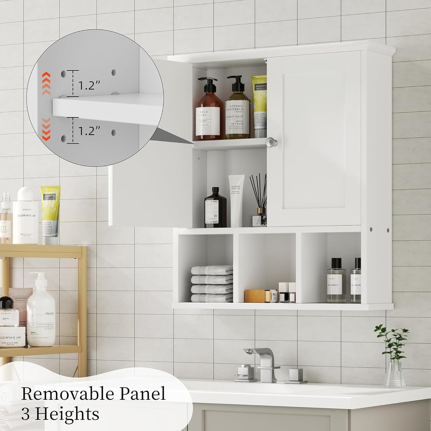 Shintenchi Bathroom Wall Cabinet with Door, Storage Organizer Over The Toilet Medicine, Space Saving with Adjustable & Open Shelf, White