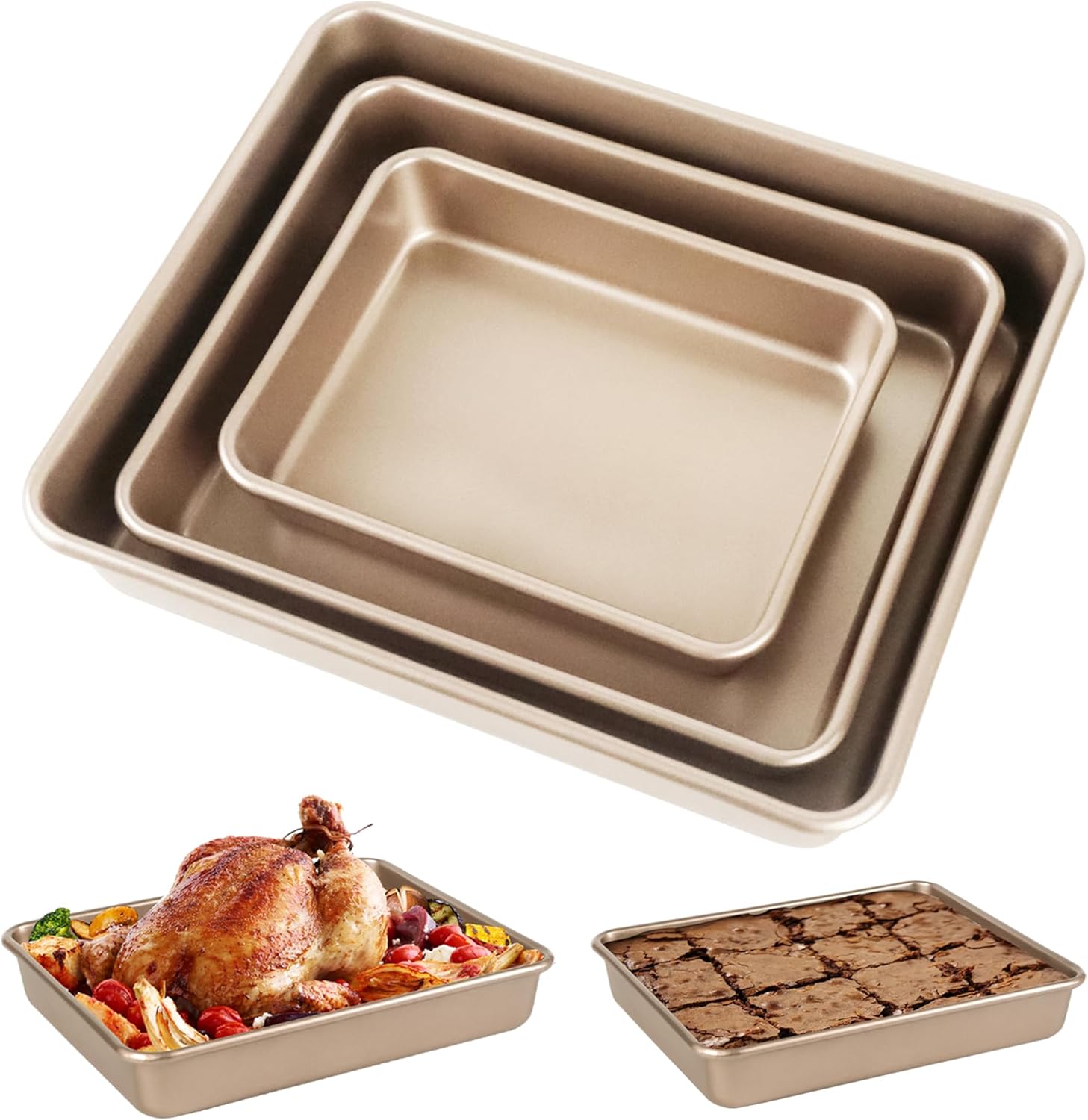 Deep Baking Pans Set, 3-Pieces Rectangle Cake Pan, Nonstick Roasting Pans Set for Thanksgiving Christmas, 9/11/13 Inch, Toaster Oven Tray Bakeware Set, Lasagna Pan Deep Size, Heavy Duty, Gold - Culinary Roots