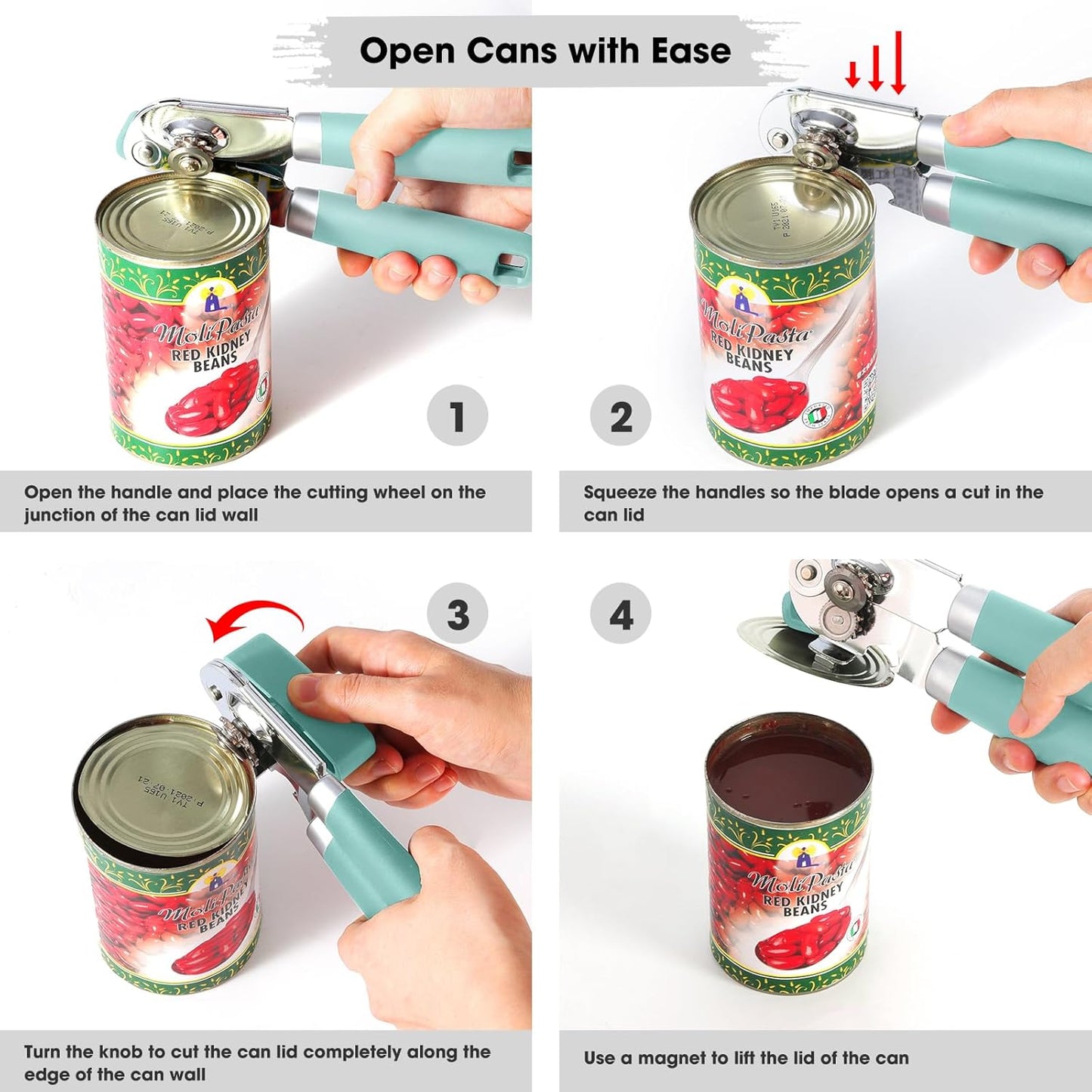 Beneno Can Opener Manual with Magnet, Hand Held Heavy Duty Can Opener with Durable Sharp Blade Smooth Edge, Big Effort-Saving Knob, Soft Grip Rubber Handle, Multifunctional Bottle Opener, Mint - Culinary Roots