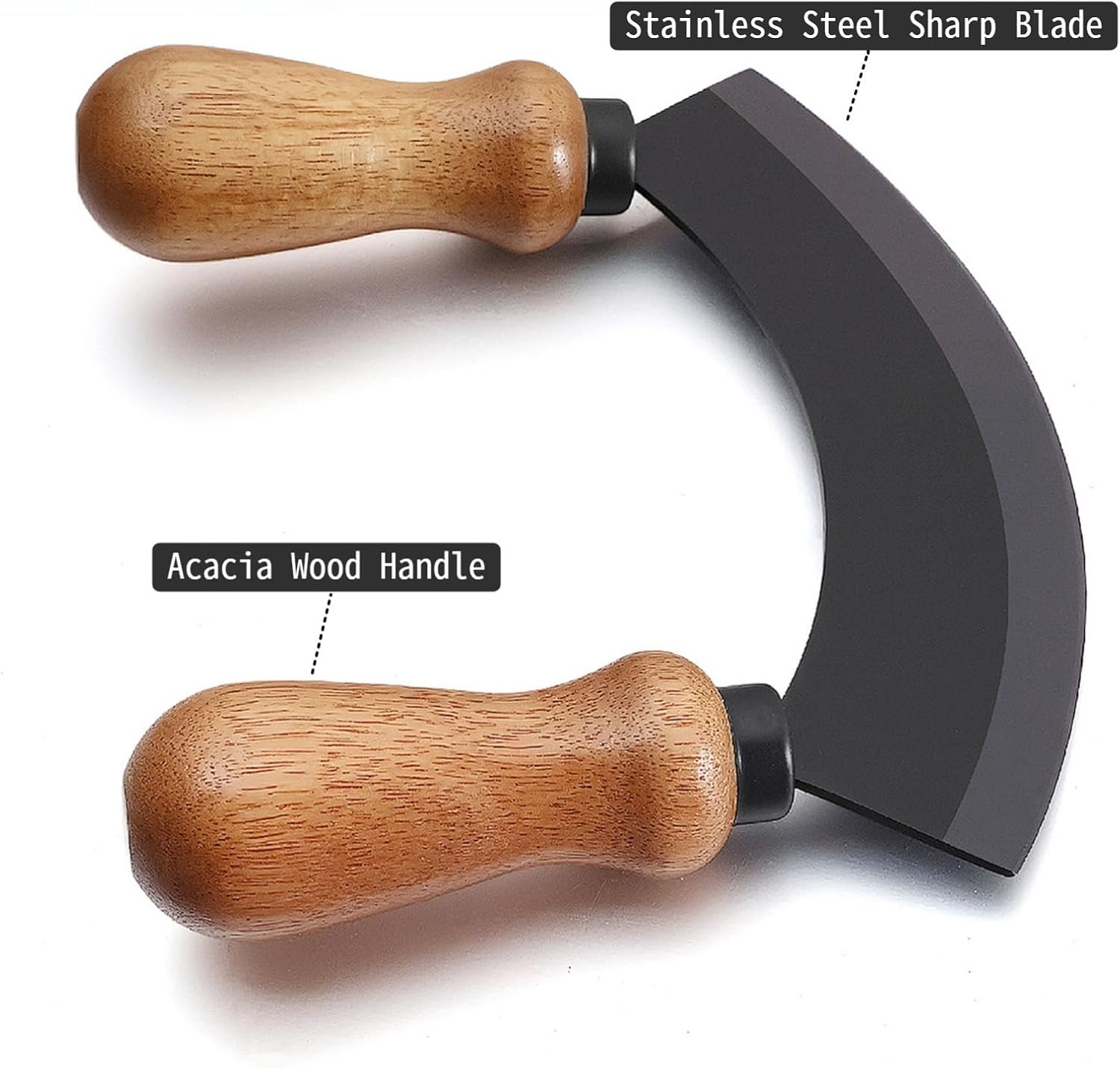 5.4 Inch Stainless Steel Mezzaluna Knife - Salad Chopper Rocker Pizza Cutter Rocker Knife Curved Blade Sharp Blade Double Acacia Wood Handle Fruit Vegetable Mincing (5.4 Inch Black) - Culinary Roots