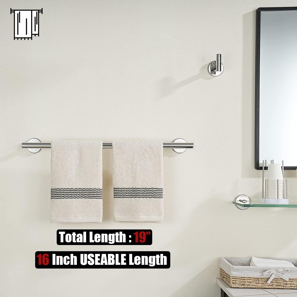 JQK Towel Bar Polished Steel, 19 Inch 304 Stainless Steel Thicken 0.8mm Towel Rack Chrome Bathroom, Towel Holder Wall Mount, Useable Length 16 Inch TB110L16-CH