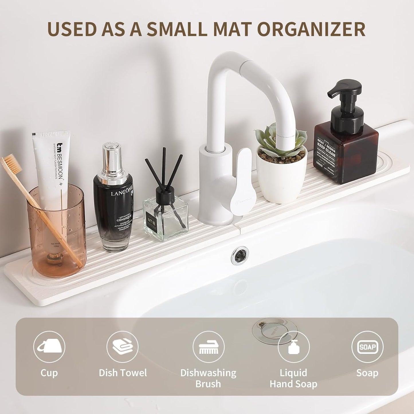 Faucet Mat for Kitchen Sink, Diatomite Stone Drying Sink Protectors, Bathroom Faucet Splash Guard, Quick Dry Water Absorbing, Non-Slip Stone Tray for Kitchen Counter, White, 20" x 3.9" - Culinary Roots