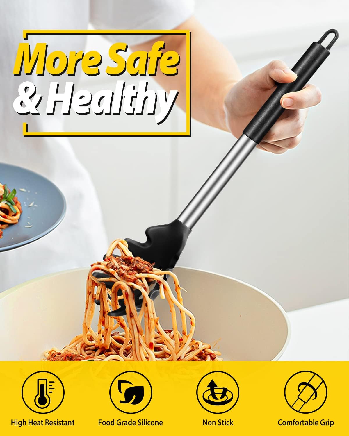 Silicone Pasta Fork and Ladle Spoon Set, Large Non Stick Kitchen Utensils for Cooking,Stirring,Serving Spaghetti, Soup, Sauce (BLACK) - Culinary Roots