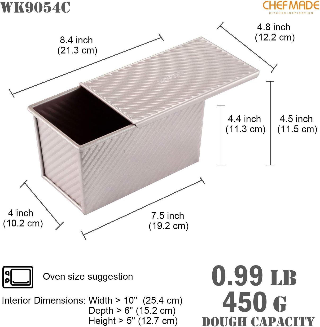 CHEFMADE Pullman Loaf Pan with Lid, 1Lb Dough Capacity Non-Stick Rectangle Corrugated Toast Box for Oven Baking 4.2" x 7.7"x 4.4"(Champagne Gold) - Culinary Roots