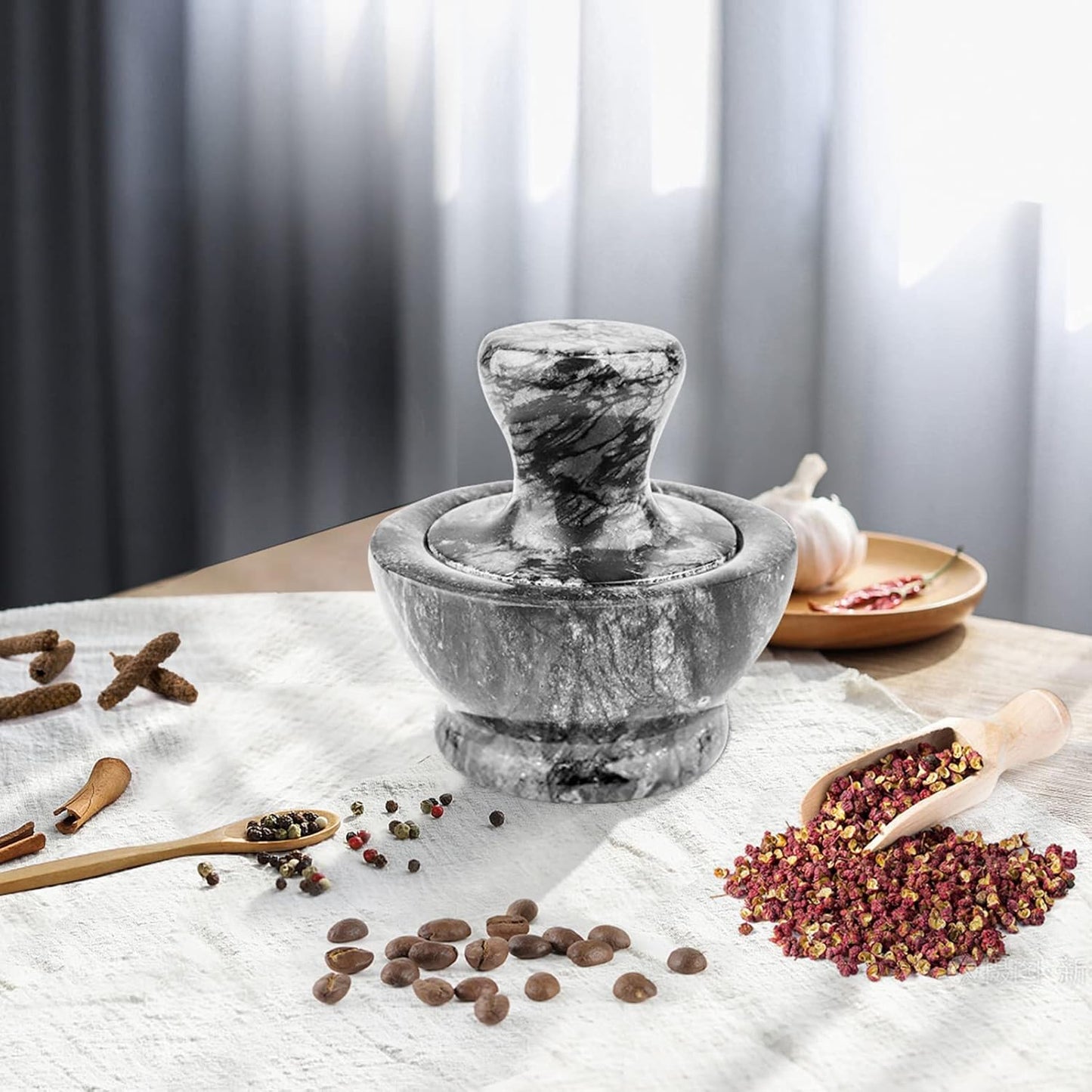 Mortar and Pestle Set, Marble Mortar and Mushroom Pestle,4 inch,1/2 Cup,Stone Grinder with Brush Placemat for Pills Herbs Spices,Easy to Grip,Gets a Fine Grind Easily,Pill Crusher,Black