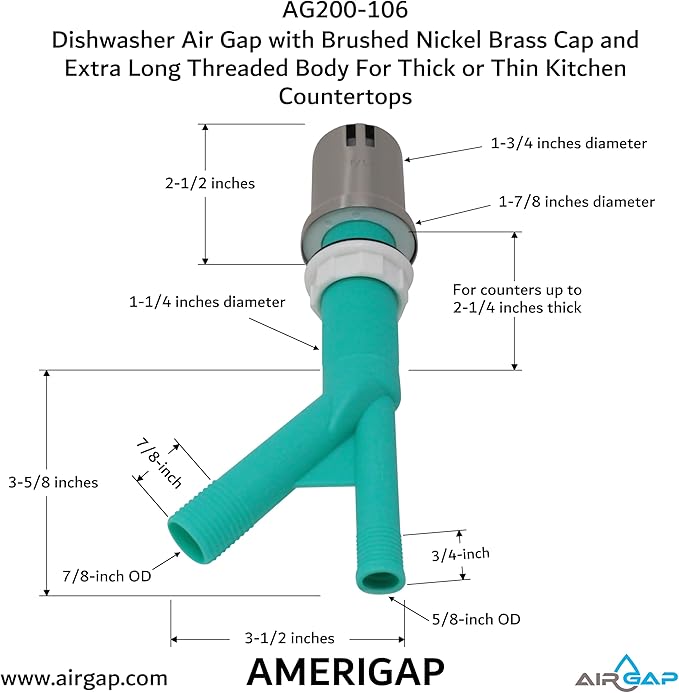 Dishwasher Air Gap with Skirted Brushed Nickel Brass Cap and Extra Long Threaded Body for Thick or Thin Kitchen Countertops (AG200-106, AG200-X06, AMERIGAP)