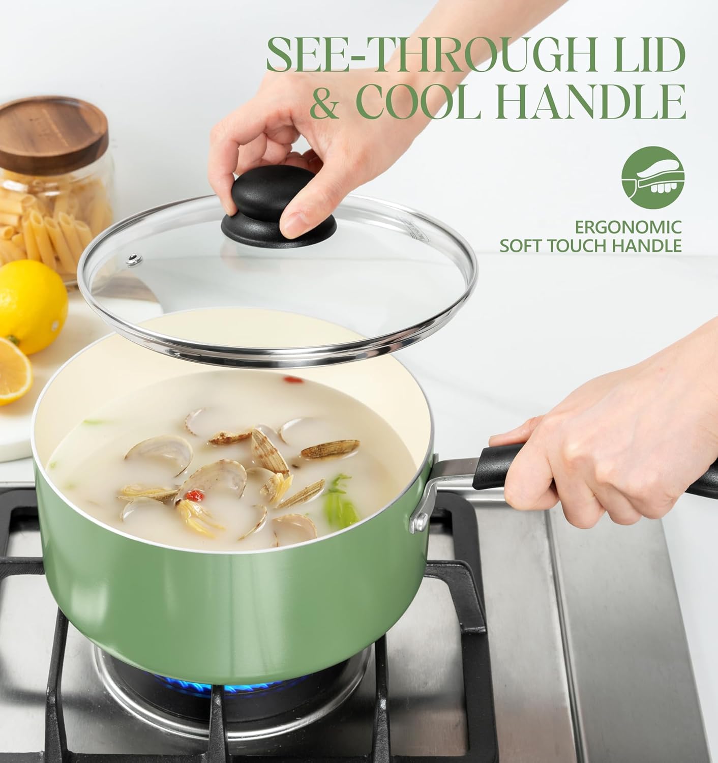 MICHELANGELO Nonstick Sauce Pan with Lid, Ceramic Saucepan Set, Non Toxic Small Saucepans Sets with Stay-Cool Handle, Induction Pots For Cooking, PTFE & PFOA Free - 1Qt & 2Qt & 3Qt, Green - Culinary Roots