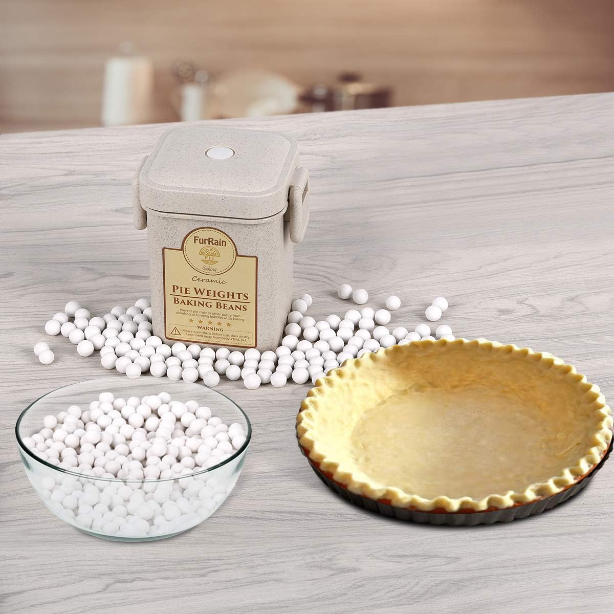 Ceramic Pie Weights Reusable 10mm Baking Beans Pie Crust Weights Natural Ceramic Stoneware with Wheat Straw Container - Culinary Roots