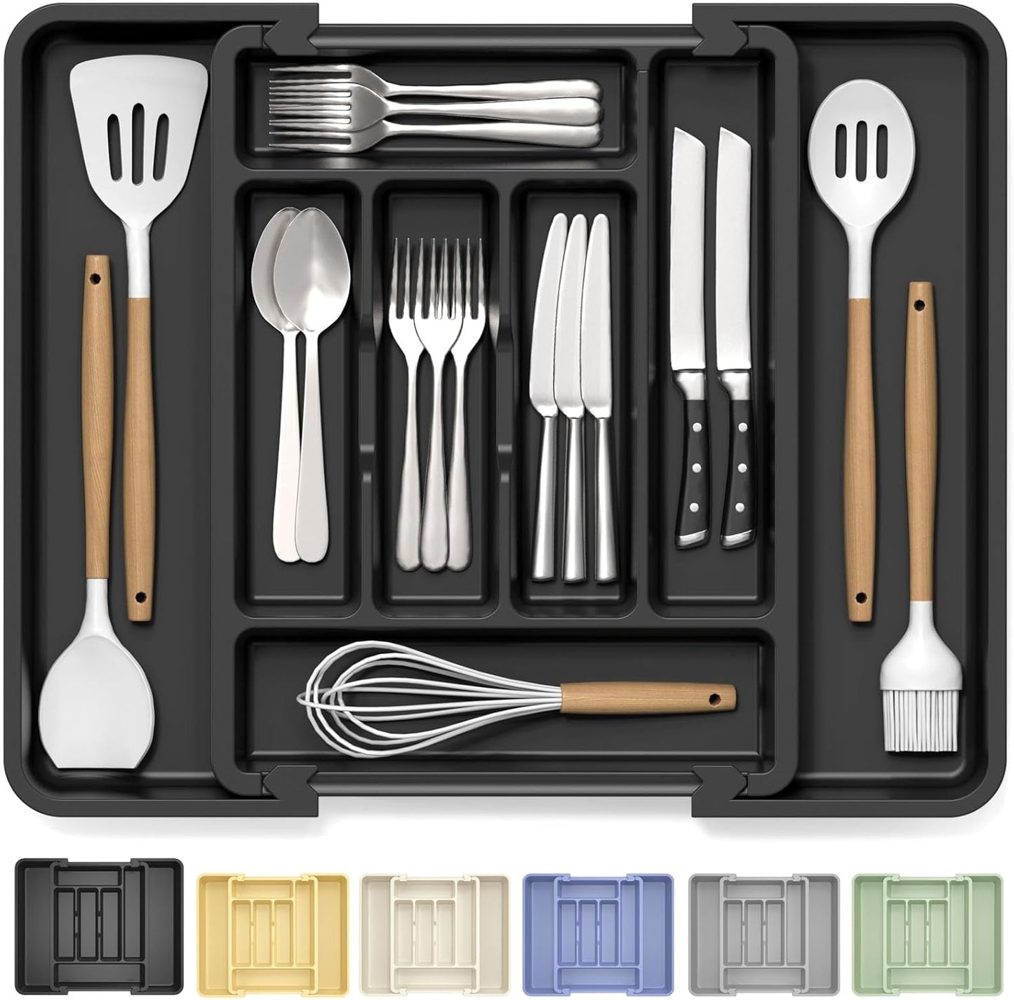 Caperci Large Silverware Organizer for Kitchen Drawer & Utensils - Expandable Drawer Organizer for Cutlery, Flatware & Gadget, BPA-Free Thick Plastic, Wider Compartments & Non-skid Feet (Black)