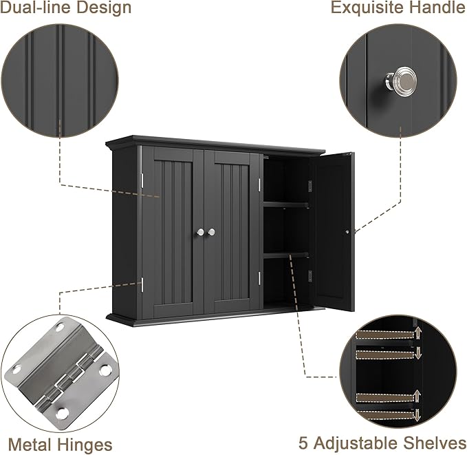 ChooChoo Bathroom Wall Cabinet with 3 Doors, Laundry Cabinet Wall Mounted, Medicine Cabinet with Adjustable Shelves, Hanging Kitchen Cupboard Organizer, Black